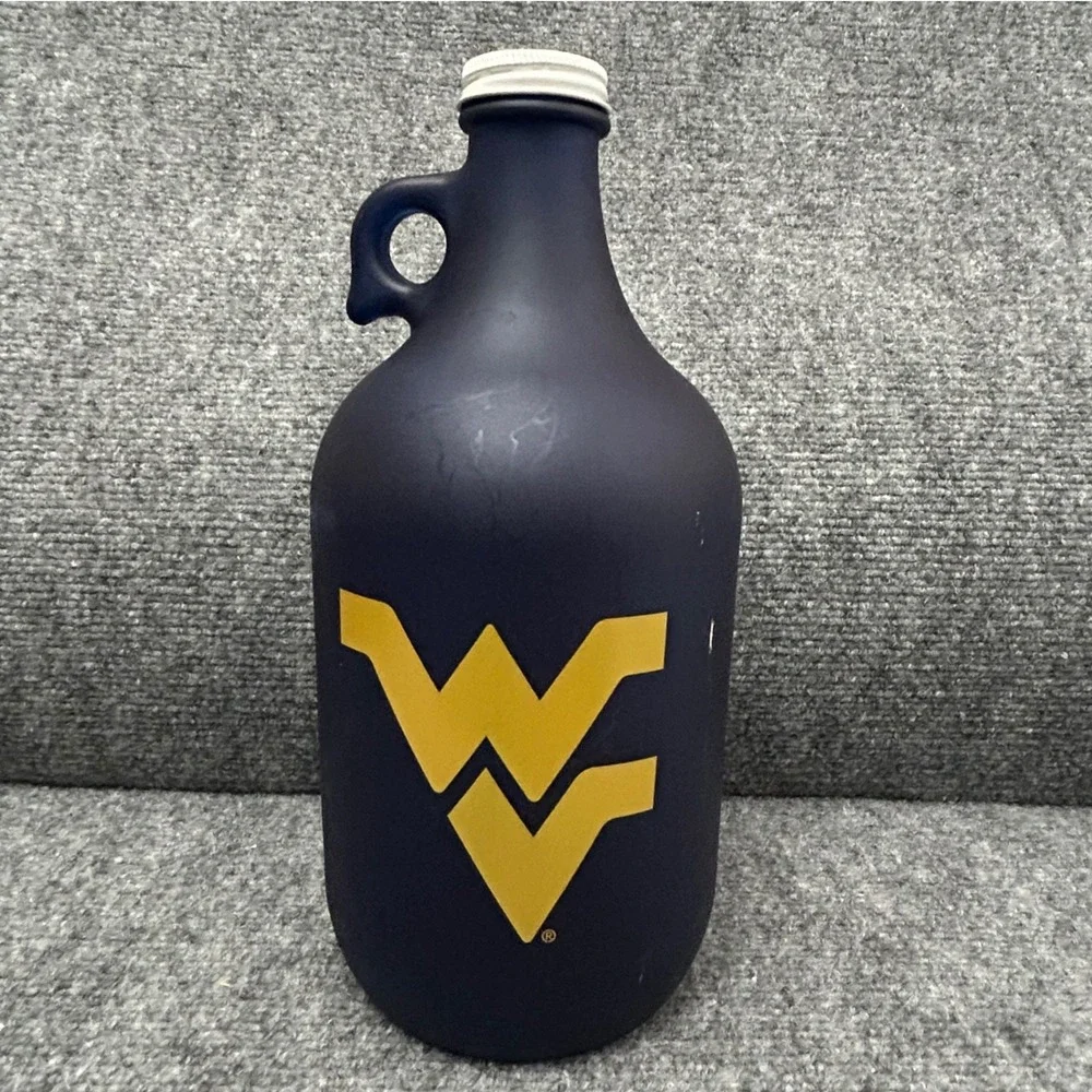 West Virginia Mountaineers WVU Matte Navy Blue Glass Growler Jug 64oz 11in